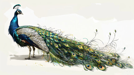 Fototapeta premium Beautiful colored peacock with a long luxurious tail on a white background