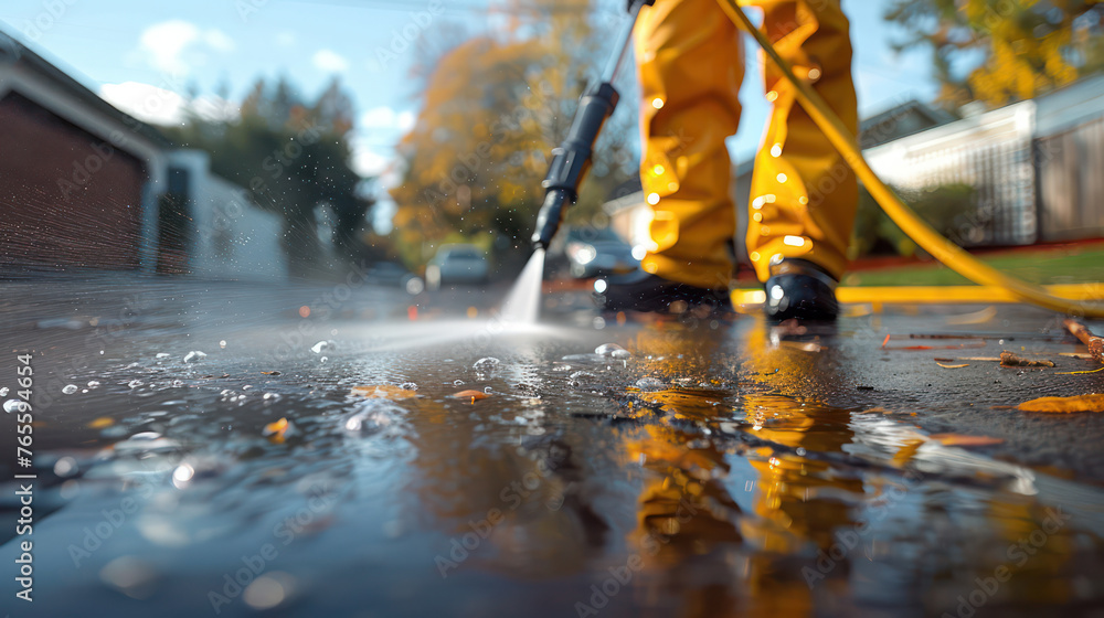 Wall mural a man in a yellow rain suit is cleaning a sidewalk with a pressure washer