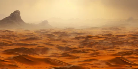 Foto op Plexiglas Sandstorm in desert. wind and orange sand clouds. Dunes landscape. Generative AI © AngrySun