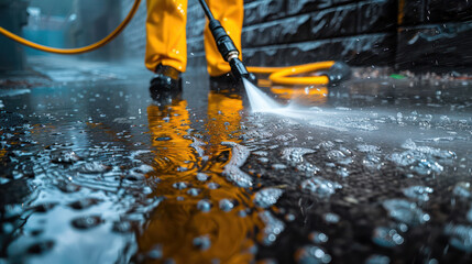 A man in a yellow rain suit is cleaning a sidewalk with a pressure washer - obrazy, fototapety, plakaty