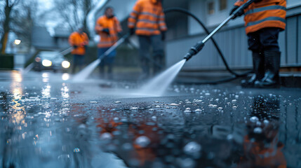 A group of people are washing a street with a hose - obrazy, fototapety, plakaty