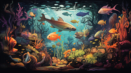 Whimsical illustration of a fantastical underwater