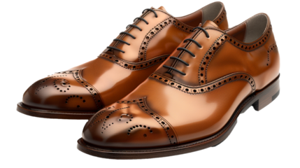 A pair of sleek men's formal shoes, crafted from fine leather, their polished surface gleaming under the light against a white transparent background