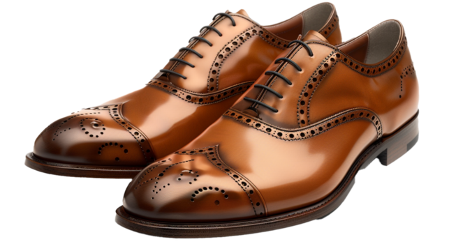 A pair of sleek men's formal shoes, crafted from fine leather, their polished surface gleaming under the light against a white transparent background