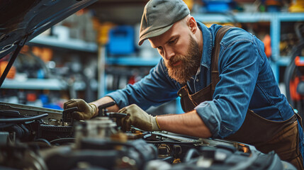Man with beard repairing a vehicle in his workshop