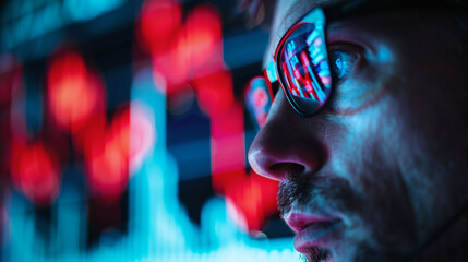 Captured in close-up, an anxious investor observes as stock market data takes a nosedive, marking a pivotal moment in a financial crisis