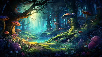 Whimsical illustration of a magical forest inhabited