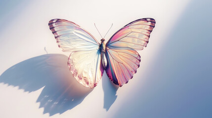 Fototapeta na wymiar Fragile pastel coloured butterfly on a light background with shadows. Aesthetic nature concept. Generative AI