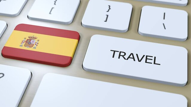 Spain National Flag and Text Travel on Button. Travel to Country 3D Animation