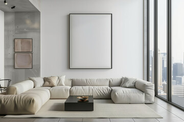 modern apartment interior with a large all-white canvas framed in a very thin black frame (2)