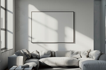 modern apartment interior with a large all-white canvas framed in a very thin black frame (3)