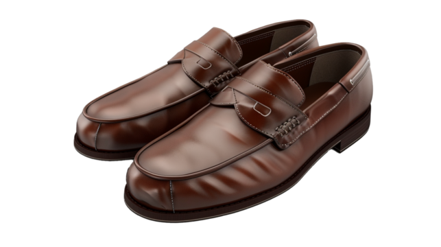 A pair of sophisticated men's loafers, crafted from luxurious leather, their sleek design and meticulous stitching showcased against a white transparent background
