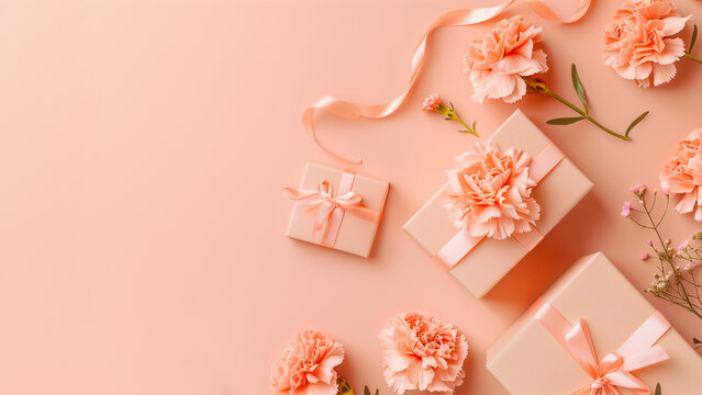 Mother's Day concept. Top view photo of two trendy gift boxes with ribbon bows and carnations on solid pastel peach color background with copy space. Happy Birthday
