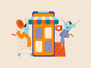 Holiday shopping people doing e-commerce online shopping flat vector concept operation hand drawn illustration
