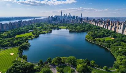 Abwaschbare Fototapete A stunning aerial view of New York City's Central Park, showcasing the vast greenery and iconic architecture with buildings in the background © Kien