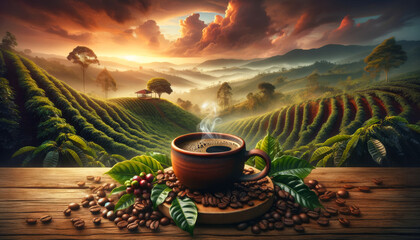 Sunrise Over Lush Coffee Plantation with Fresh Brew and Beans on Rustic Wooden Table