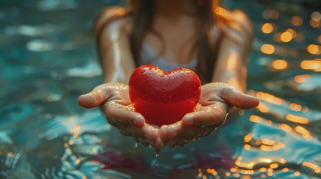 Close-up of female hands holding red heart in swimming pool.