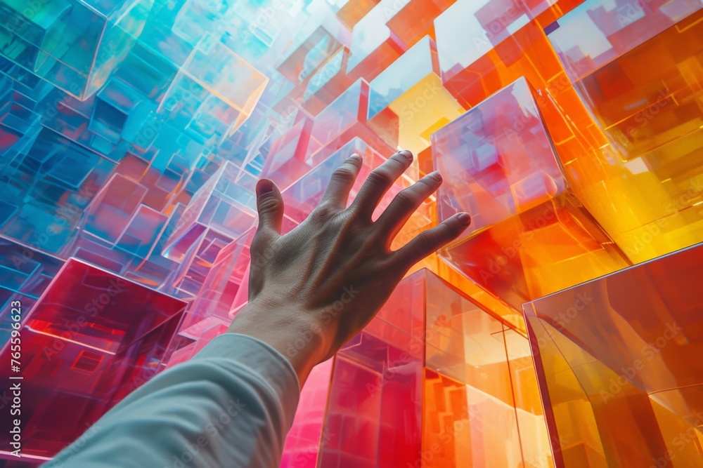 Poster abstract geometric composition with a hand reaching for a vibrant cube against a backdrop of colorfu
