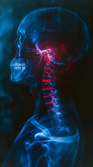 Abstract blue x-ray photograph of back and neck pain, pain glows red. Trauma concept. Medical checkup. Generative AI - obrazy, fototapety, plakaty