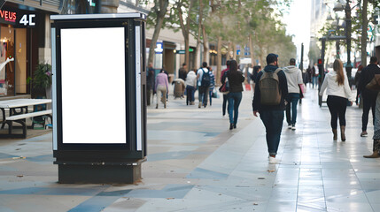 billboard poster on city street, people walking through, summer