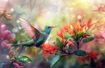 Fototapeta premium Beautiful hummingbird drinking nectar from colorful flower