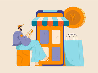 Holiday shopping people doing e-commerce online shopping flat vector concept operation hand drawn illustration
