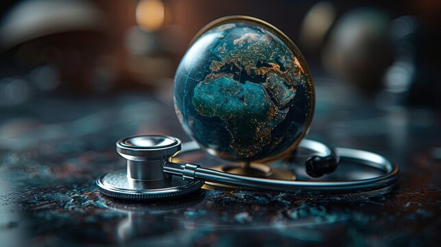 Stethoscope and globe on a dark background. Health care concept.