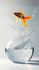 Goldfish jumps out of round aquarium, white background with sun rays. Getting out of the comfort...