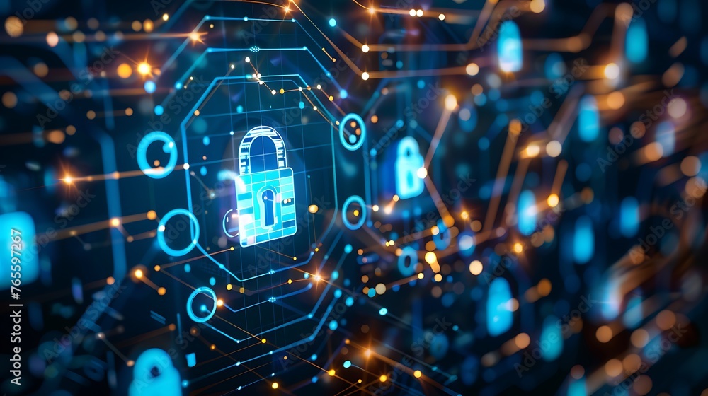Poster technology and cybersecurity highlighting digital protection and network safety in a connected world