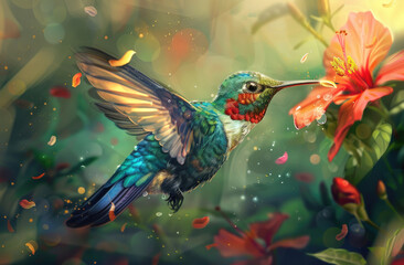 Beautiful hummingbird drinking nectar from colorful flower - obrazy, fototapety, plakaty