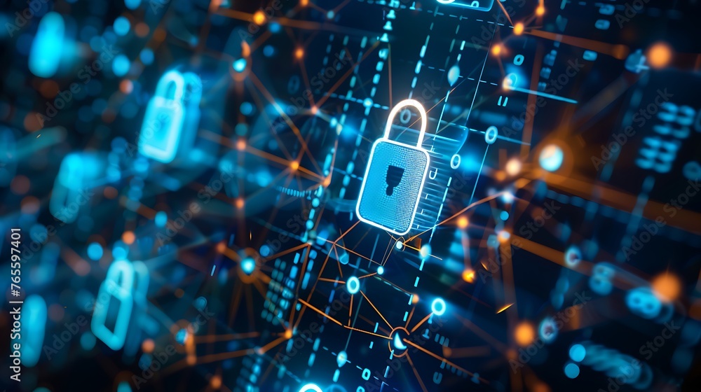 Poster technology and cybersecurity highlighting digital protection and network safety in a connected world