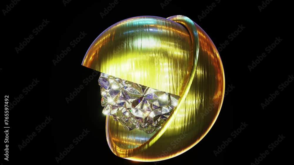 Poster realistic looping 3d animation of the spinning shining precious diamond crystal inside of two gold h