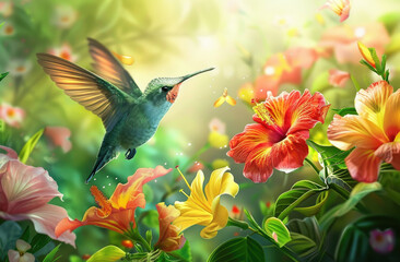 Naklejka premium Beautiful hummingbird drinking nectar from colorful flower