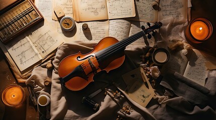 A musician's creative space with a violin, sheet music, and candles could be perfect for...