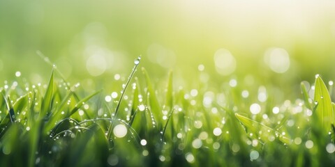 Juicy green grass on the meadow with dew drops on a spring morning. outdoor summer
