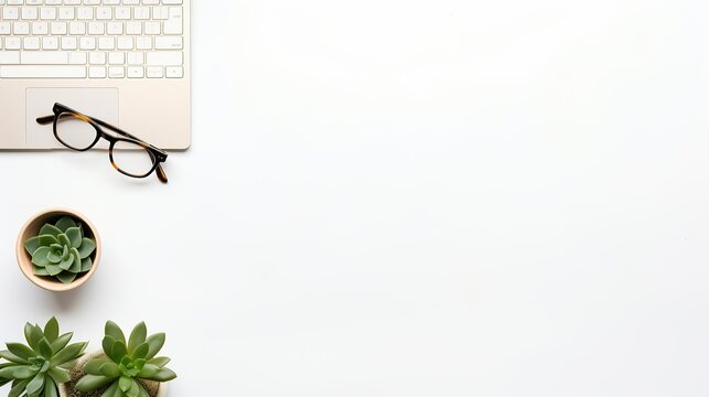 A minimalist office desk setup with laptop, glasses, and plants, ideal for website imagery related to productivity or workspace organization.