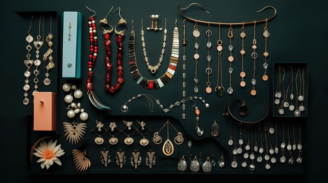 A diverse collection of jewelry laid out with boxes and flowers, suitable for a magazine spread or a luxury brand's marketing material.