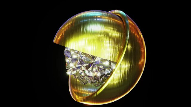 Realistic looping 3D animation of the spinning shining precious diamond crystal inside of two gold hemispheres rendered in UHD with alpha matte