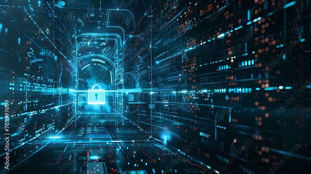 Poster technology and cybersecurity highlighting digital protection and network safety in a connected world