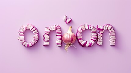 the word "onion" created from slices of red onion on a light purple background, perfect for culinary guides or to enhance the visual appeal of recipes and cooking blogs.