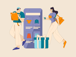 Holiday shopping people doing e-commerce online shopping flat vector concept operation hand drawn illustration
