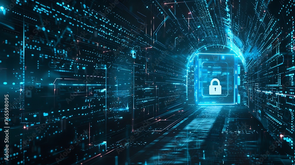 Poster technology and cybersecurity highlighting digital protection and network safety in a connected world