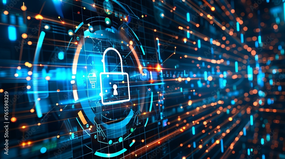 Poster technology and cybersecurity highlighting digital protection and network safety in a connected world
