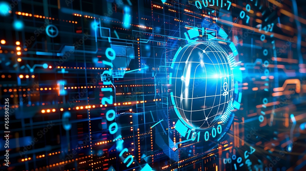 Poster technology and cybersecurity highlighting digital protection and network safety in a connected world
