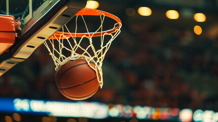 Close-up of a basketball hitting the basket against a bokeh background. Sports event concept. Generative AI