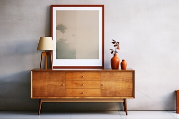A wooden cabinet, a dressing table and a concrete wall with a blank poster frame.