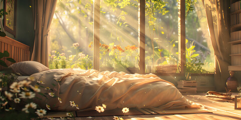Serene Summer Morning Scene with Sunlight and Nature