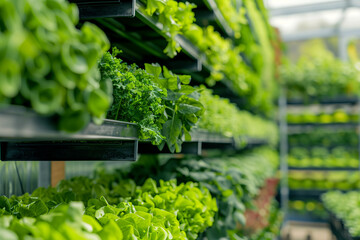 A row of plants with a variety of greens, including lettuce, are displayed in a greenhouse. The plants are arranged in a way that allows for easy access and visibility - obrazy, fototapety, plakaty