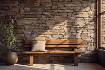 Wooden bench near forest stone wall with window, interior design