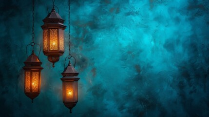 Fototapeta na wymiar Three elegant lanterns hanging gracefully in front of a vibrant blue background against a dark setting